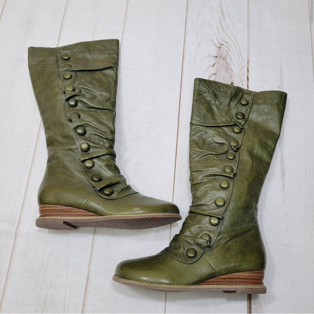 Miz Mooz Bloom tall green wedge leather button boots retro
